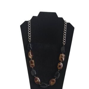 Black & Brown Animal Print Chunky Plastic Beaded Silver Toned Curb Link Necklace
